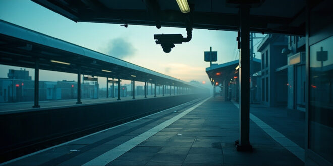 Surveillance camera monitors empty train station concourse at dusk, casting cold blue light over vacant steps.