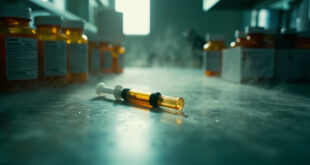Empty syringe and prescription bottles arranged beside warning-labeled injection vial in sterile medical laboratory