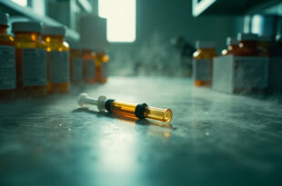 Empty syringe and prescription bottles arranged beside warning-labeled injection vial in sterile medical laboratory