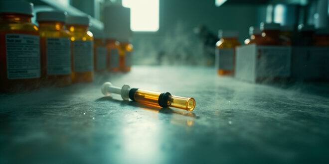 Empty syringe and prescription bottles arranged beside warning-labeled injection vial in sterile medical laboratory