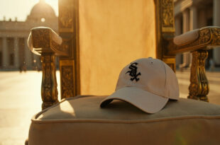 Chicago White Sox baseball cap resting on the ornate papal throne in an empty St. Peter's Square at the Vatican