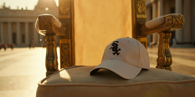 Chicago White Sox baseball cap resting on the ornate papal throne in an empty St. Peter's Square at the Vatican