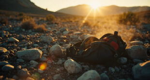 Abandoned hiking equipment scattered among rocks in desolate Colorado mountain terrain during missing person search