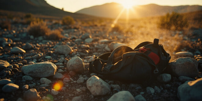 Abandoned hiking equipment scattered among rocks in desolate Colorado mountain terrain during missing person search