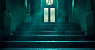 Abandoned courthouse with empty steps and closed doors displaying justice scales, bathed in deep blue and silver light