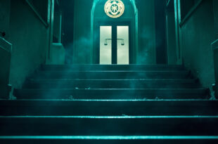 Abandoned courthouse with empty steps and closed doors displaying justice scales, bathed in deep blue and silver light