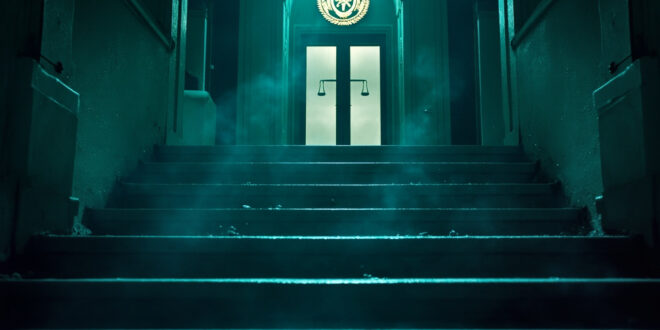Abandoned courthouse with empty steps and closed doors displaying justice scales, bathed in deep blue and silver light