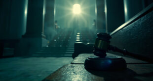 Empty courthouse steps at dawn with abandoned gavel on bench, deserted government building in somber lighting