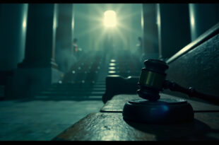 Empty courthouse steps at dawn with abandoned gavel on bench, deserted government building in somber lighting