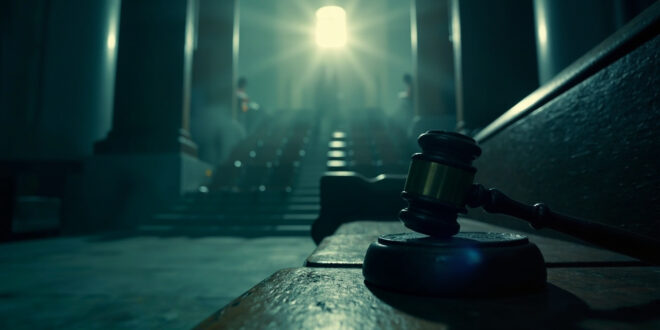 Empty courthouse steps at dawn with abandoned gavel on bench, deserted government building in somber lighting