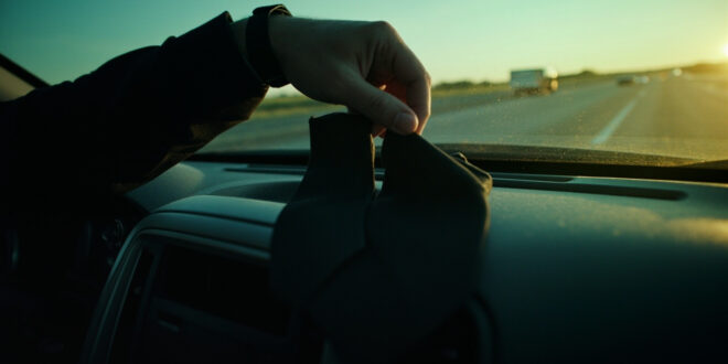 Elegantly tied black necktie rests on empty car seat, with another untied tie on dashboard along quiet empty highway.