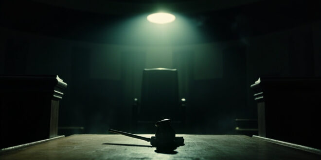 Empty wooden judge's bench with gavel in a deserted courthouse at dusk, captured after final judgment