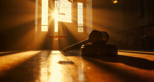 Empty courtroom bathed in golden afternoon light after verdict announcement, with judge's gavel and scales of justice visible