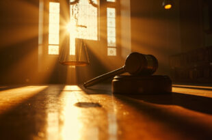 Empty courtroom bathed in golden afternoon light after verdict announcement, with judge's gavel and scales of justice visible