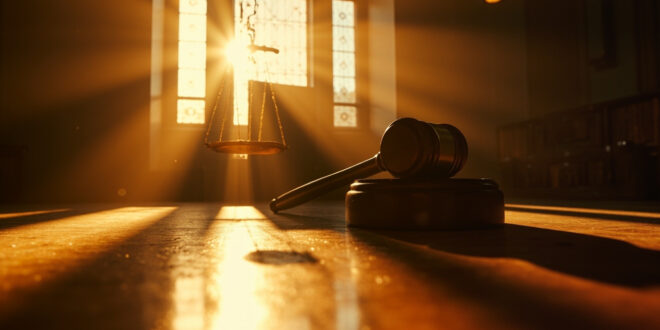 Empty courtroom bathed in golden afternoon light after verdict announcement, with judge's gavel and scales of justice visible