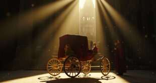 Ornate funeral carriage standing empty on a theater stage with gothic cathedral in background, lit in burgundy and gold
