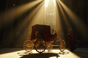 Ornate funeral carriage standing empty on a theater stage with gothic cathedral in background, lit in burgundy and gold