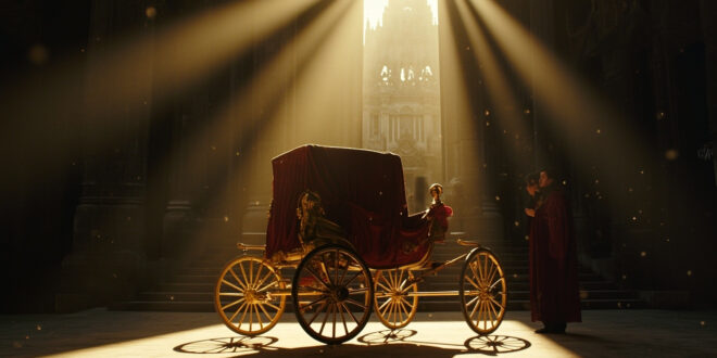Ornate funeral carriage standing empty on a theater stage with gothic cathedral in background, lit in burgundy and gold