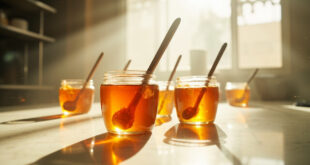 Elegant glass jam jars with wooden spoons arranged on marble counter in an empty professional television kitchen studio