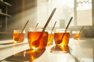 Elegant glass jam jars with wooden spoons arranged on marble counter in an empty professional television kitchen studio