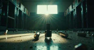 Unopened nail care products including black nail polish on equipment bench in abandoned modern gym facility
