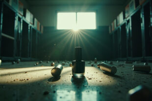 Unopened nail care products including black nail polish on equipment bench in abandoned modern gym facility