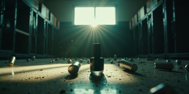 Unopened nail care products including black nail polish on equipment bench in abandoned modern gym facility