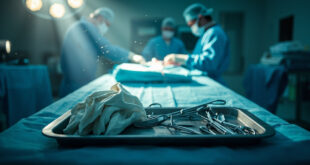 Surgical instruments and gloves arranged on metal tray in sterile operating room, awaiting life-changing procedure