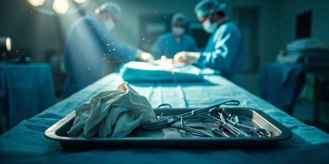 Surgical instruments and gloves arranged on metal tray in sterile operating room, awaiting life-changing procedure