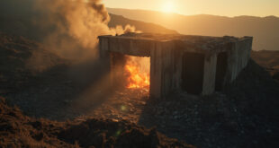 Damaged concrete bunker entrance with smoke rising at dawn in a deserted mountainous industrial complex after military strike