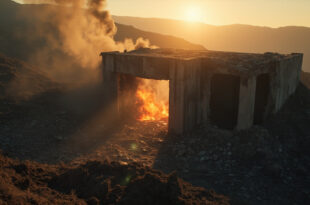 Damaged concrete bunker entrance with smoke rising at dawn in a deserted mountainous industrial complex after military strike