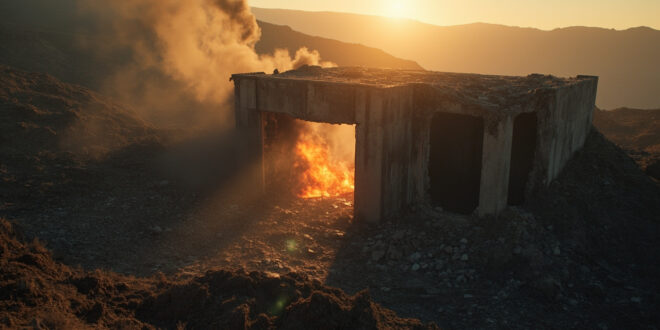 Damaged concrete bunker entrance with smoke rising at dawn in a deserted mountainous industrial complex after military strike