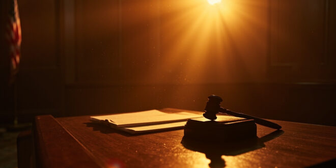 Empty federal courtroom with legal documents on judge's bench and wooden gavel on sound block, awaiting verdict