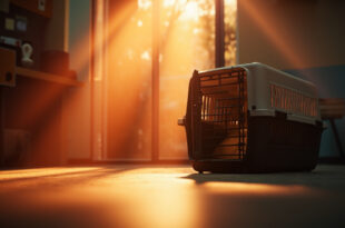Empty pet carrier with adoption certificate beside open shelter cage in softly lit animal shelter interior