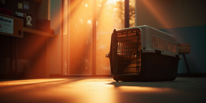 Empty pet carrier with adoption certificate beside open shelter cage in softly lit animal shelter interior