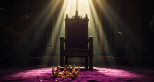 Empty ornate throne with crown on velvet cushion awaits a successor in grand palace hall with purple and gold decor