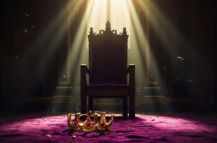 Empty ornate throne with crown on velvet cushion awaits a successor in grand palace hall with purple and gold decor