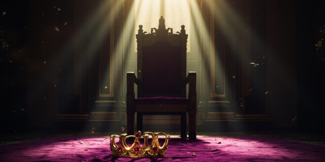 Empty ornate throne with crown on velvet cushion awaits a successor in grand palace hall with purple and gold decor