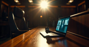 Empty judge's bench with open laptop displaying video call in modern courtroom with judge's gavel nearby
