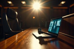 Empty judge's bench with open laptop displaying video call in modern courtroom with judge's gavel nearby