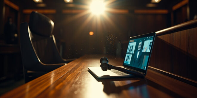 Empty judge's bench with open laptop displaying video call in modern courtroom with judge's gavel nearby