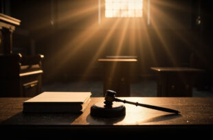 Empty federal courtroom with gavel and legal documents on judge's bench after proceedings, illuminated by dramatic lighting
