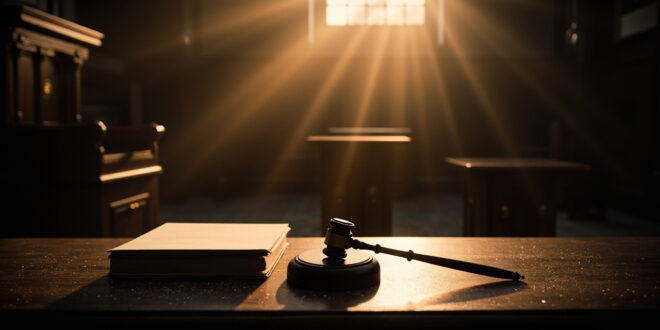 Empty federal courtroom with gavel and legal documents on judge's bench after proceedings, illuminated by dramatic lighting