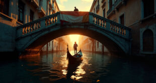 Empty gondola drifts past historic bridge with abandoned protest banner in deserted Venice canal at twilight
