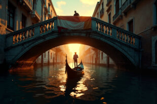 Empty gondola drifts past historic bridge with abandoned protest banner in deserted Venice canal at twilight