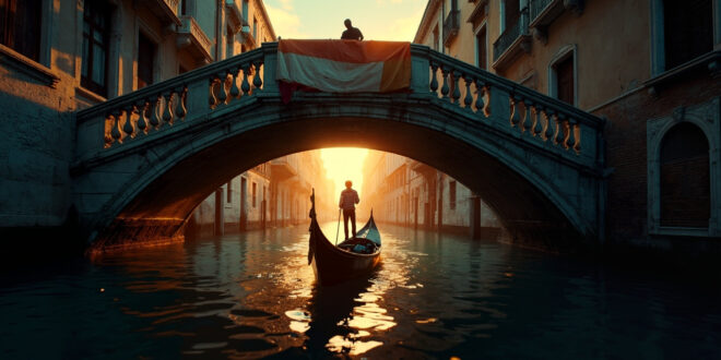 Empty gondola drifts past historic bridge with abandoned protest banner in deserted Venice canal at twilight