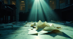 Torn tax documents scattered across empty parliamentary seats in a deserted government chamber bathed in cold blue light