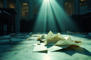 Torn tax documents scattered across empty parliamentary seats in a deserted government chamber bathed in cold blue light