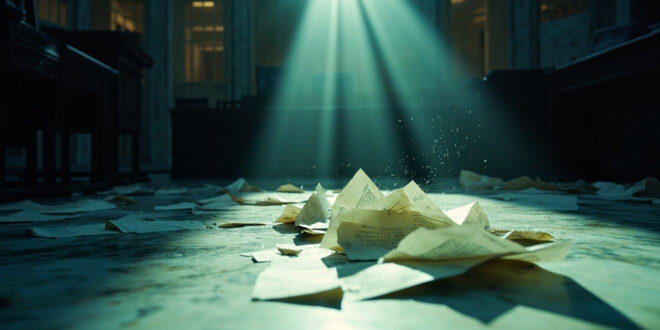 Torn tax documents scattered across empty parliamentary seats in a deserted government chamber bathed in cold blue light