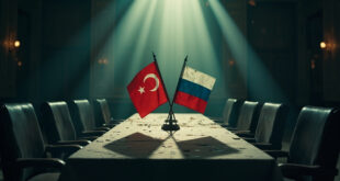 Abandoned diplomatic conference room with crossed flags on empty negotiation table, symbolizing geopolitical tensions